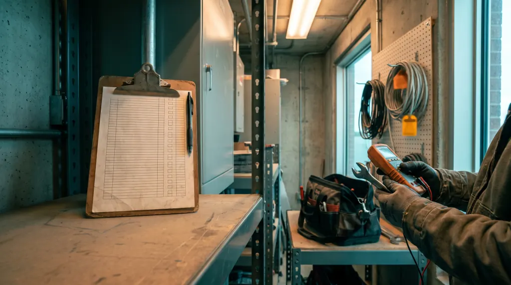 A clipboard checklist on an equipment closet shelf.