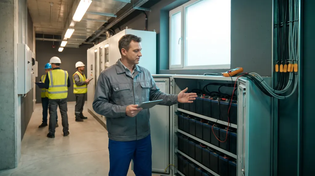 A facilities manager checks a battery cabinet with a tablet.