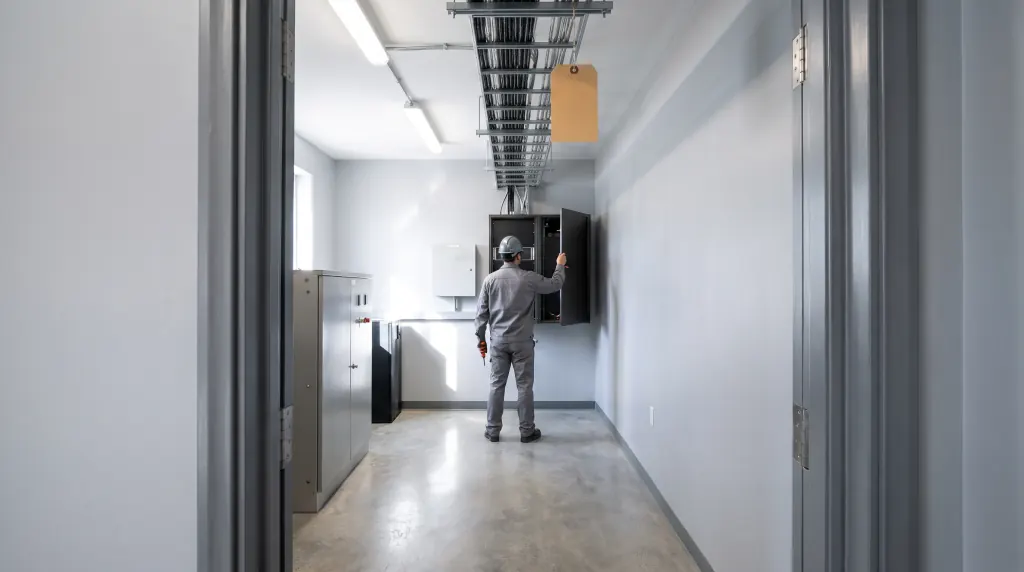 A technician opens an amplifier cabinet in a tidy equipment room under a cable tray.