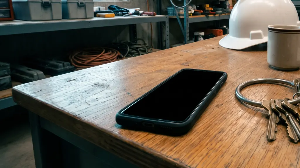 A facilities manager's desk with keys, phone and a hard hat.