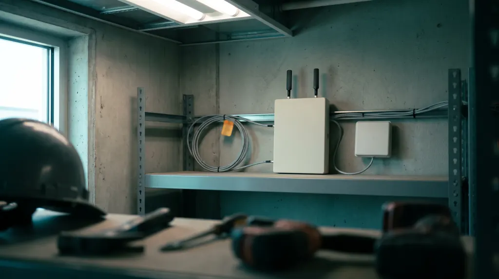 A small consumer cell signal booster on a shelf.