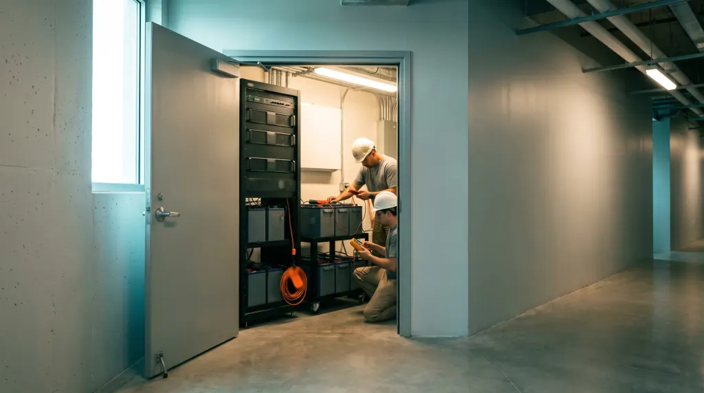 An open equipment closet with an amplifier rack and batteries inside.