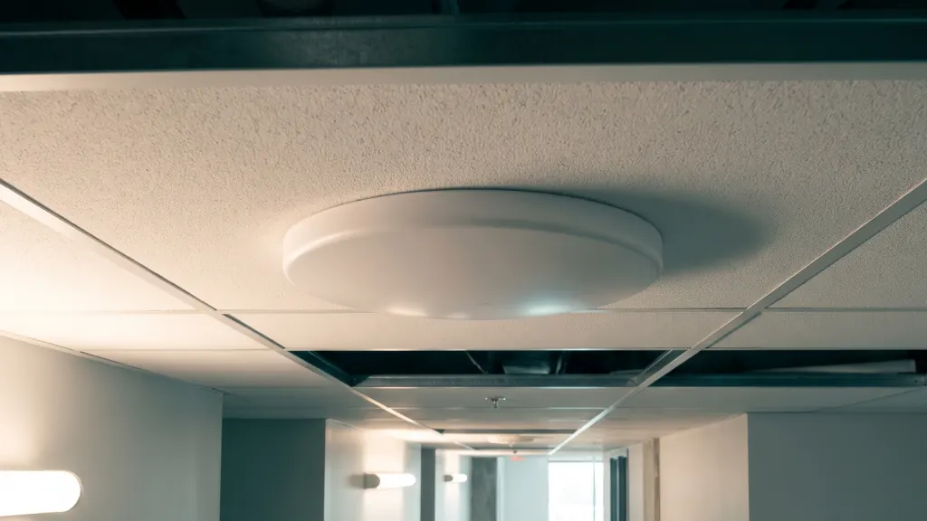 A ceiling dome antenna in an office corridor.