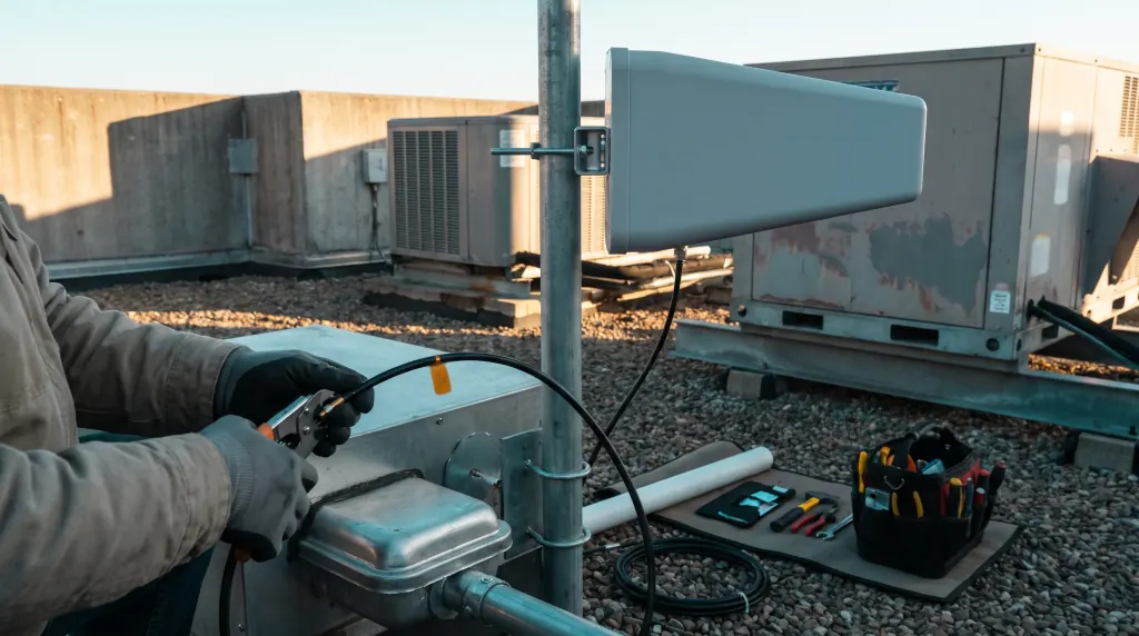 A rooftop donor antenna with coax entering the roof.