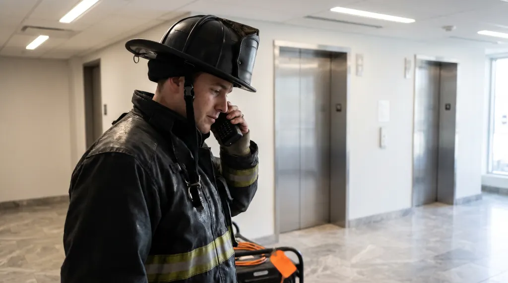 A firefighter checks radio reception in a lobby.