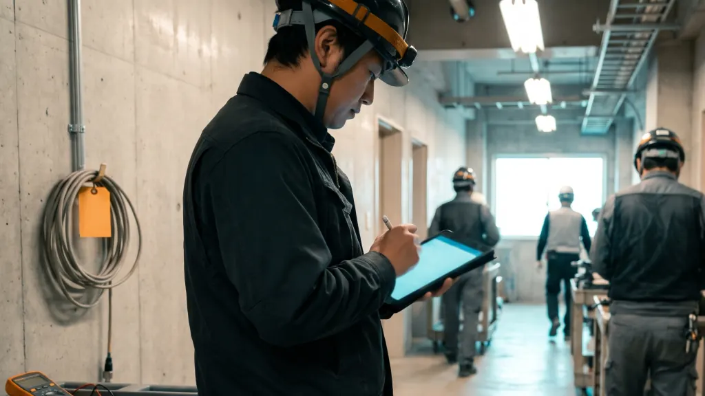 A facilities manager logs a test on a tablet.