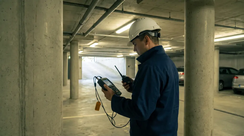 A technician tests signal in a parking garage.