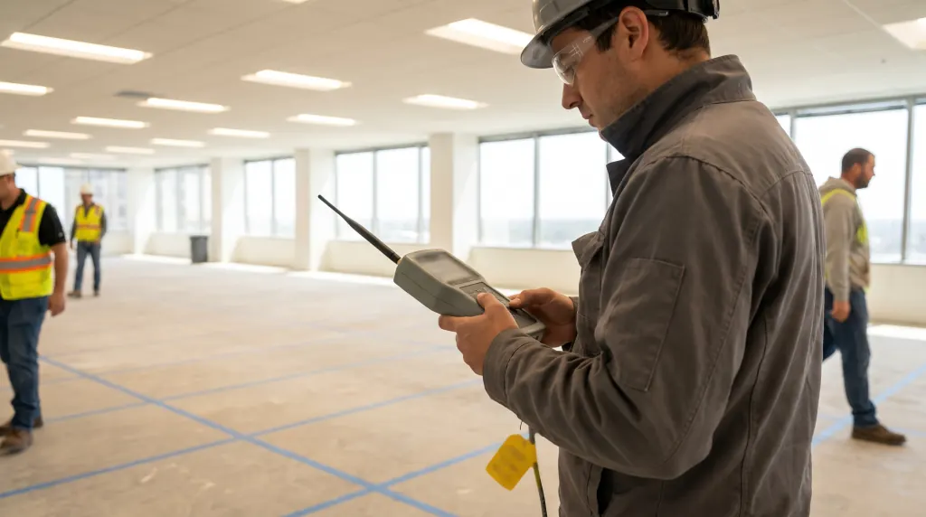 A technician measures signal on a taped floor grid in an empty office floor.