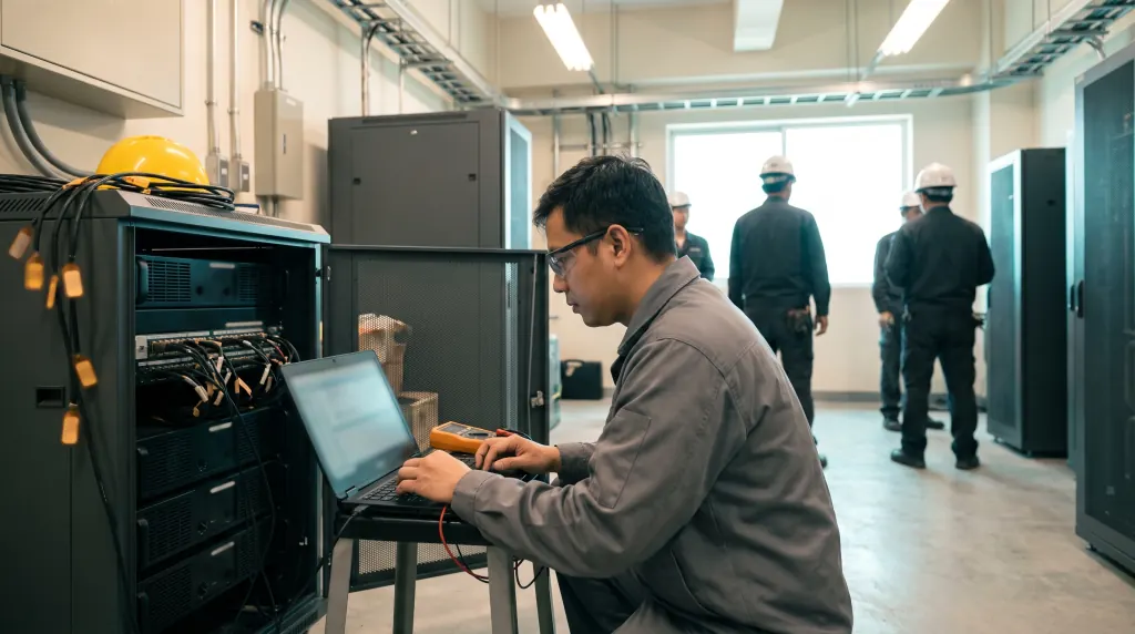 A technician adjusts an amplifier with a laptop.