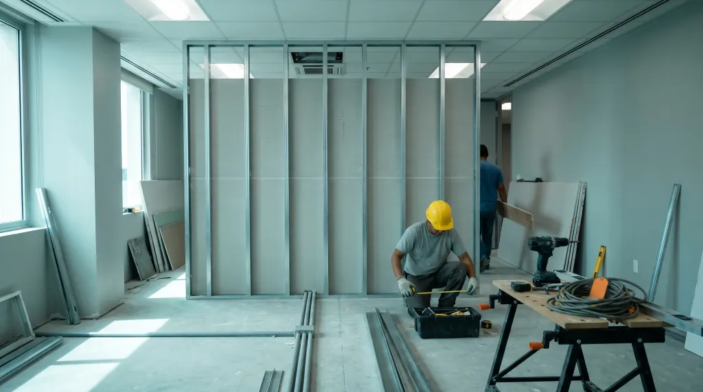 An office floor under renovation with new walls.