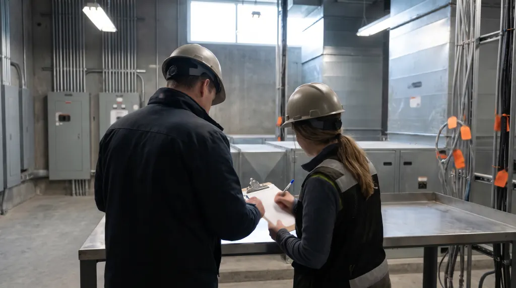 A tester and a building manager sign off a test report.