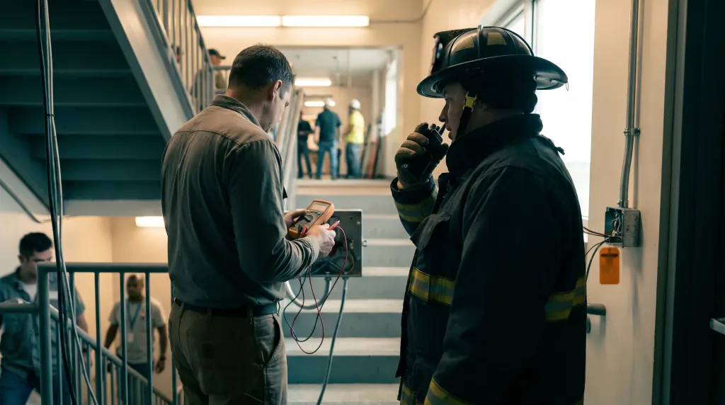 A firefighter and a technician do a radio check in a stairwell.