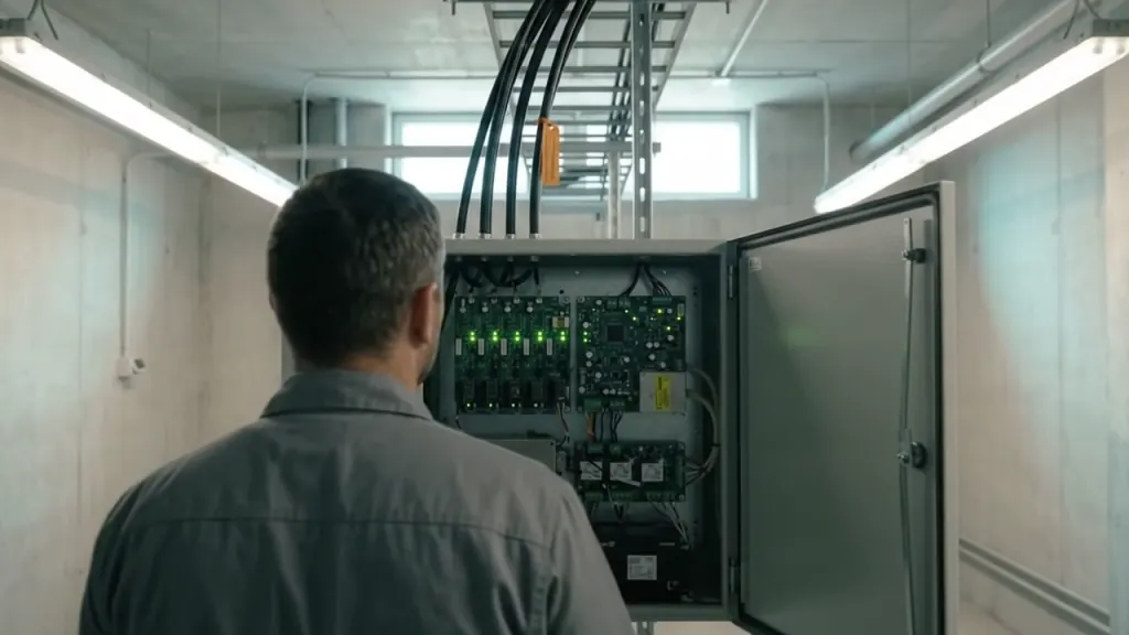 An engineer stands at an open amplifier cabinet with green status lights in an equipment room.