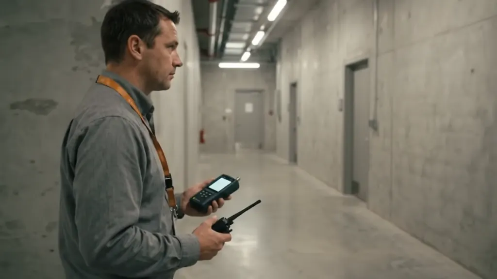 A technician holds a signal meter and a portable radio in a building corridor.